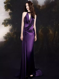 Sexy Mermaid High Neckline Grape Satin Long Prom Dresses Birthday Outfits HZ1024