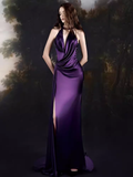 Sexy Mermaid High Neckline Grape Satin Long Prom Dresses Birthday Outfits HZ1024