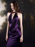 Sexy Mermaid High Neckline Grape Satin Long Prom Dresses Birthday Outfits HZ1024