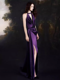 Sexy Mermaid High Neckline Grape Satin Long Prom Dresses Birthday Outfits HZ1024