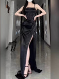 Sexy Sheath Spaghetti Straps Black Floor Length Prom Dress Formal Dresses With Slit HZ1024
