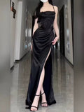 Sexy Sheath Spaghetti Straps Black Floor Length Prom Dress Formal Dresses With Slit HZ1024