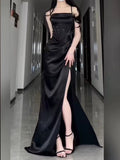Sexy Sheath Spaghetti Straps Black Floor Length Prom Dress Formal Dresses With Slit HZ1024