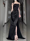 Sexy Sheath Spaghetti Straps Black Floor Length Prom Dress Formal Dresses With Slit HZ1024