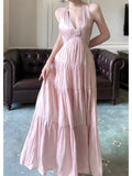 Sexy A Line V Neckline Halter Chiffon Pink Long Backless Prom Dress Formal Dresses HZ1024
