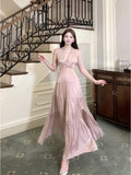 Simple A Line V Neckline Halter Pink Long Backless Prom Dress Formal Dresses HZ1024