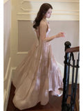 Simple A Line V Neckline Halter Pink Long Backless Prom Dress Formal Dresses HZ1024
