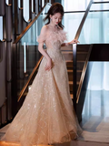 Sexy A Line Off The Shoulder Sequin Long Prom Dresses Birthday Outfits With Feather HZ1024