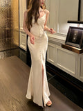Simple Sheath Spaghetti Straps Ivory Silk Satin Long Slit Prom Dress Formal Dresses With Bottons HZ1024
