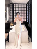 Simple Sheath Spaghetti Straps Ivory Silk Satin Long Slit Prom Dress Formal Dresses With Bottons HZ1024