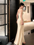 Simple Sheath Spaghetti Straps Ivory Silk Satin Long Slit Prom Dress Formal Dresses With Bottons HZ1024