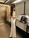 Simple Sheath Spaghetti Straps Ivory Silk Satin Long Slit Prom Dress Formal Dresses With Bottons HZ1024