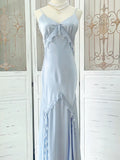 Simple Sheath Spaghetti Straps Light Sky Blue Long Prom Dress Formal Dresses With Pearls HZ1024