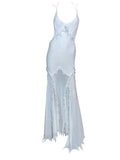 Simple Sheath Spaghetti Straps Light Sky Blue Long Prom Dress Formal Dresses With Pearls HZ1024