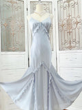 Simple Sheath Spaghetti Straps Light Sky Blue Long Prom Dress Formal Dresses With Pearls HZ1024