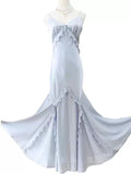 Simple Sheath Spaghetti Straps Light Sky Blue Long Prom Dress Formal Dresses With Pearls HZ1024