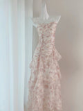 Modest A Line Straps Chiffon Long Pink Floral Prom Dress Evening Dresses HZ1024