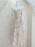 Modest A Line Straps Chiffon Long Pink Floral Prom Dress Evening Dresses HZ1024