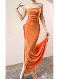 Modest Sheath Spaghetti Straps Velvet Long Organge Prom Dress Evening Dresses HZ1024