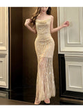 Modest Sheath Spaghetti Straps Sequin Long Champagne Prom Dress Evening Dresses HZ1024