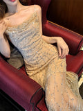 Modest Sheath Spaghetti Straps Sequin Long Champagne Prom Dress Evening Dresses HZ1024