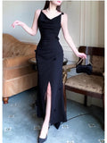 Modest Sheath Spaghetti Straps Long Black Slit Prom Dress Evening Dresses HZ1024