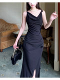 Modest Sheath Spaghetti Straps Long Black Slit Prom Dress Evening Dresses HZ1024