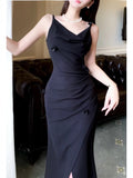 Modest Sheath Spaghetti Straps Long Black Slit Prom Dress Evening Dresses HZ1024