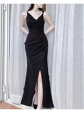 Modest Sheath Spaghetti Straps Long Black Slit Prom Dress Evening Dresses HZ1024