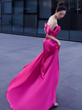 Sexy Mermaid Off The Shoulder Pink Long Prom Dresses Satin Birthday Outfits HZ1024