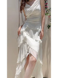 Modest High Low Spaghetti Straps White Chiffon Prom Dress Evening Dresses HZ1024