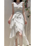 Modest High Low Spaghetti Straps White Chiffon Prom Dress Evening Dresses HZ1024