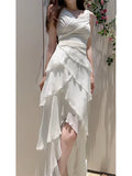 Modest High Low Spaghetti Straps White Chiffon Prom Dress Evening Dresses HZ1024