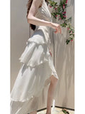 Modest High Low Spaghetti Straps White Chiffon Prom Dress Evening Dresses HZ1024