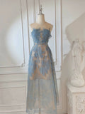 Modest A line Scoop Neckline Lace Blue Prom Dress Evening Dresses HZ1024
