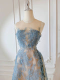 Modest A line Scoop Neckline Lace Blue Prom Dress Evening Dresses HZ1024
