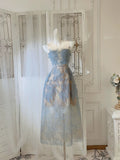 Modest A line Scoop Neckline Lace Blue Prom Dress Evening Dresses HZ1024