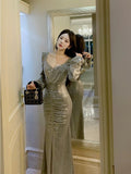 Modest Sheath V Neckline Long Sleeves Sequin Slit Prom Dress Evening Dresses HZ1024