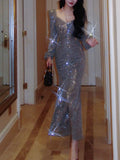 Modest Sheath V Neckline Long Sleeves Sequin Slit Prom Dress Evening Dresses HZ1024