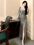 Modest Sheath V Neckline Long Sleeves Sequin Slit Prom Dress Evening Dresses HZ1024