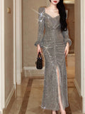 Modest Sheath V Neckline Long Sleeves Sequin Slit Prom Dress Evening Dresses HZ1024