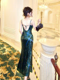 Modest Sheath Spaghetti Straps Sequin Green Prom Dress Evening Dresses HZ1024