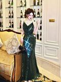 Modest Sheath Spaghetti Straps Sequin Green Prom Dress Evening Dresses HZ1024