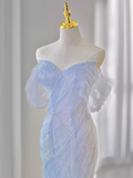 Sexy Mermaid Off The Shoulder Blue Long Prom Dresses Tulle Birthday Outfits HZ1024