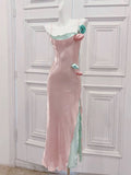 Modest Sheath Spaghetti Straps Pink Long Prom Dresses Evening Dress With Flowers HZ1024