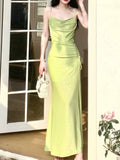Modest Sheath Spaghetti Straps Green Long Prom Dresses Evening Dress With Ruffles HZ1024