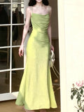 Modest Sheath Spaghetti Straps Green Long Prom Dresses Evening Dress With Ruffles HZ1024