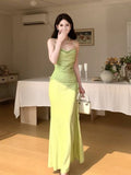 Modest Sheath Spaghetti Straps Green Long Prom Dresses Evening Dress With Ruffles HZ1024