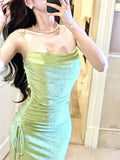 Modest Sheath Spaghetti Straps Green Long Prom Dresses Evening Dress With Ruffles HZ1024