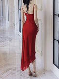 Modest Sheath Spaghetti Straps Red Chiffon Prom Dresses Ruffles Evening Dress HZ1024